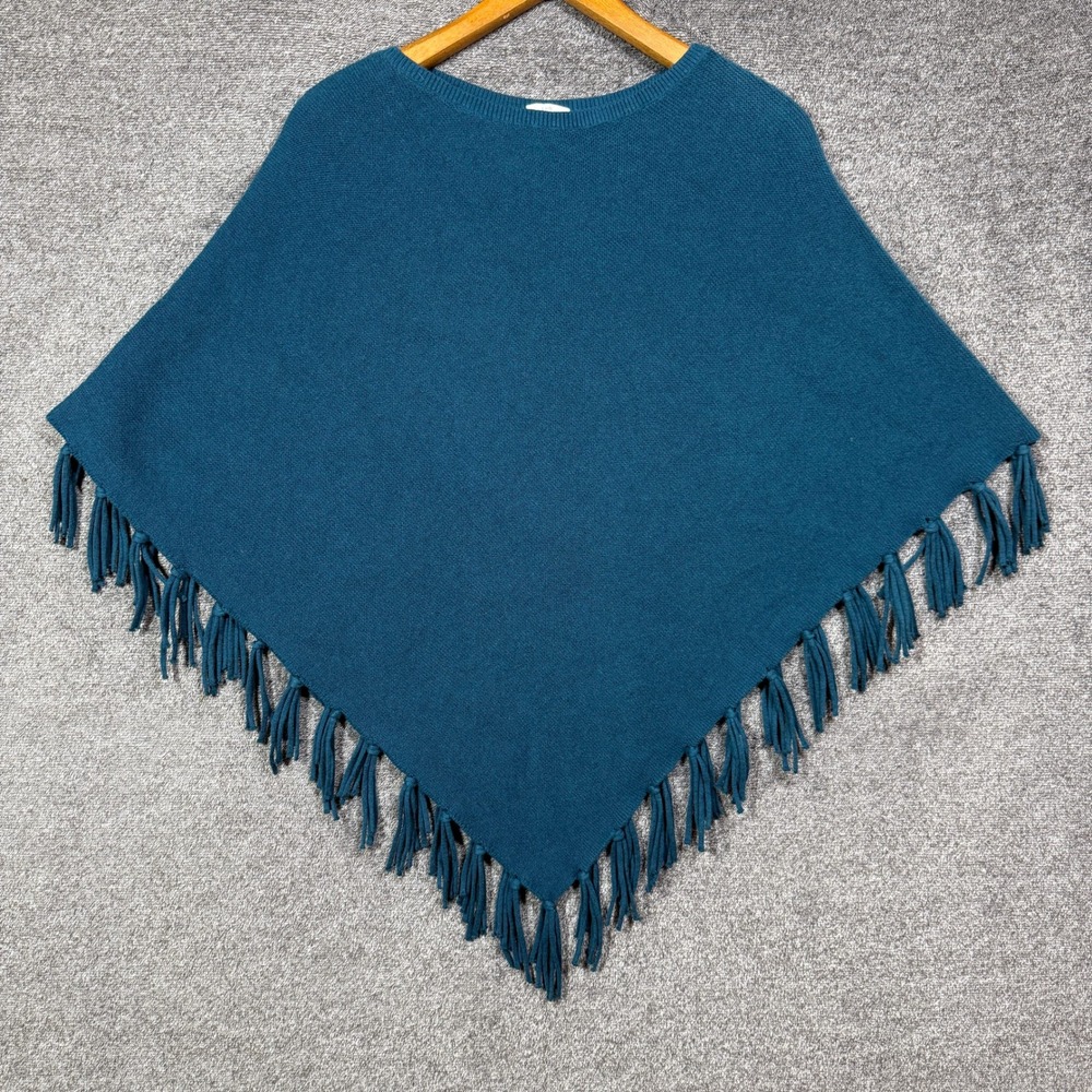 J. Jill Poncho Sweater Size S-L Teal Blue Knit Fringed Cotton Blend Tassel Wrap